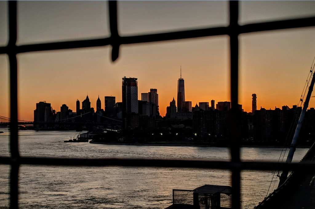 NYC Skyline from Brooklyn Bridge at night 