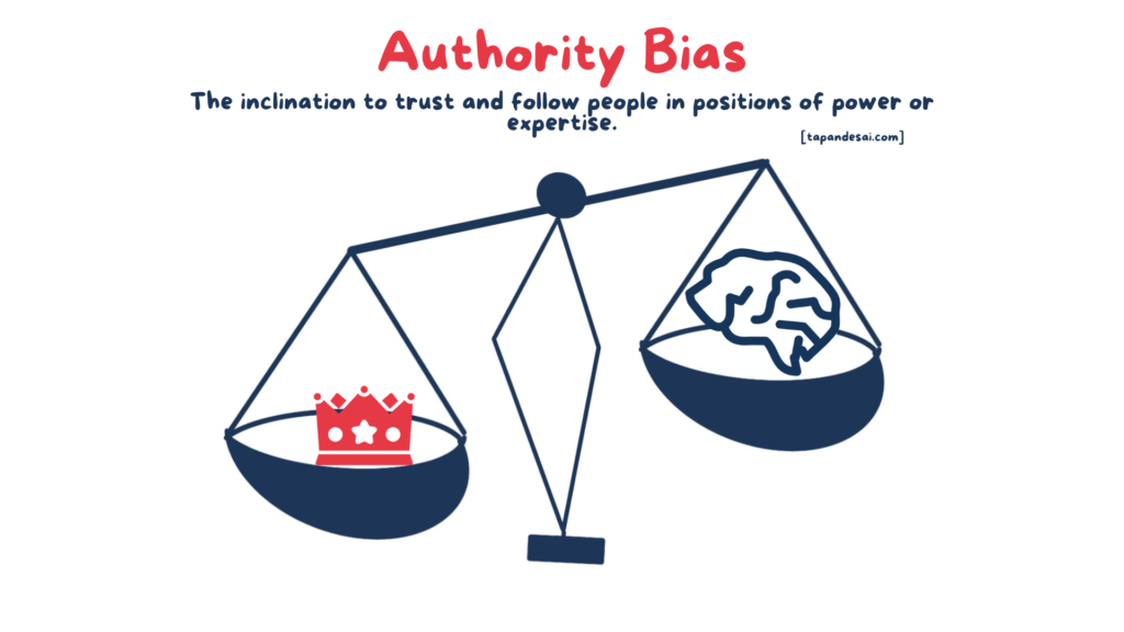 Illustration of a balancing scale depicting authority bias and how authority is more powerful than rational brain when affected by the cognitive bias of authority bias in decision-making