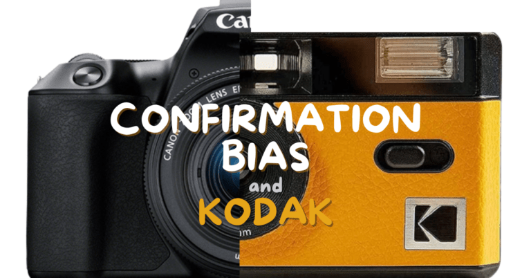 Kodak film camera, digital camera, and human brain depicting the challenge of overcoming confirmation bias. The kodak business is a real life example of confirmation bias.
