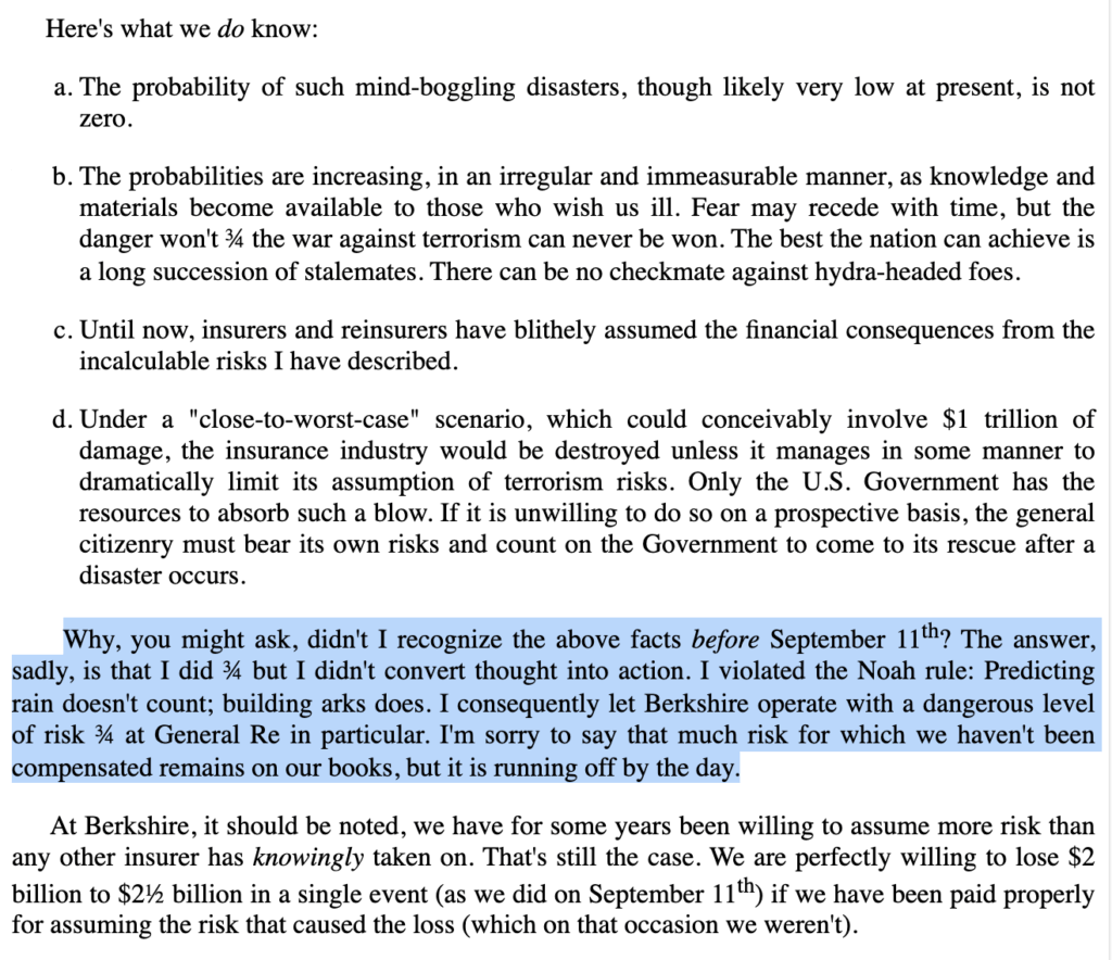 This screenshot shows Warren Buffett's Noah Rule from his shareholder letter in 2001.