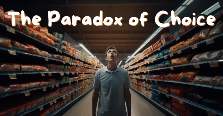 The Paradox of Choice image depicted in a supermarket where a person is confused by the number of choices created in midjourney ai by Tapan Desai