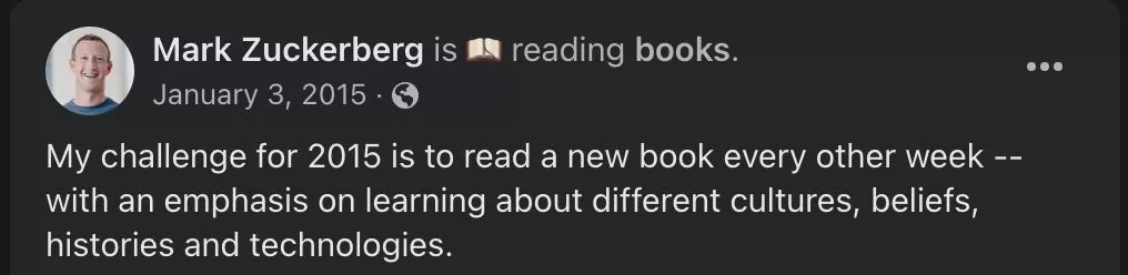 Screenshot showing Mark Zuckerberg's challenge of "Year of Books".