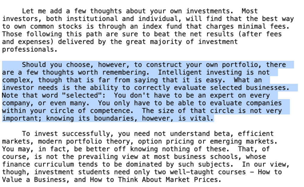 A screenshot of Warren Buffett's 1996 letter to shareholder explaining Circle of Competence