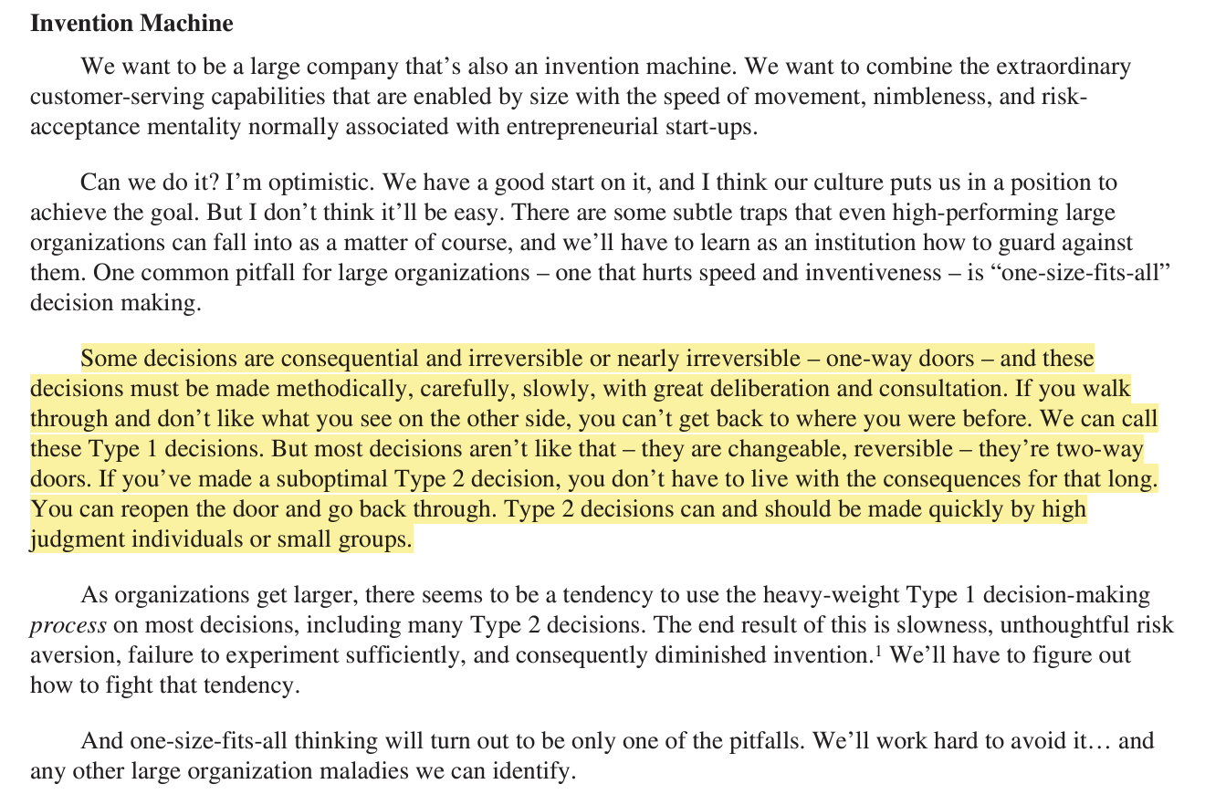 Screenshot from Amazon's 2015 letter to shareholder where Jeff Bezos explained the one-way and two-way door decision-making framework