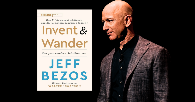 An image showing Jeff Bezos with the book, Invent and Wander