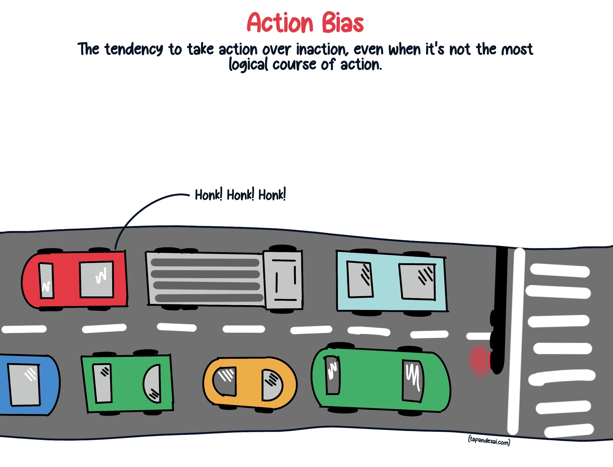 A handmade drawing showing a red signal but a car honking at the light depicting action bias and its definition in a graphic image.