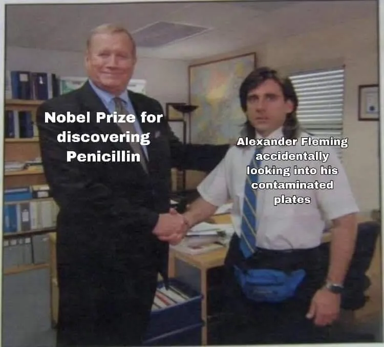 A meme image of Alexander Fleming discovering penicillin in an article on luck surface area