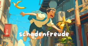 A cover image for an article on schadenfreude depicting a person slipping on a banana peel