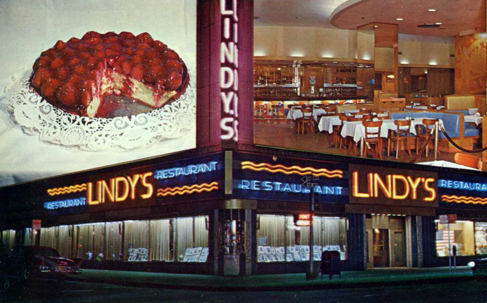 The Lindy's location at Broadway and 51st Street; a look at the interior and the famous Lindy's cheesecake.