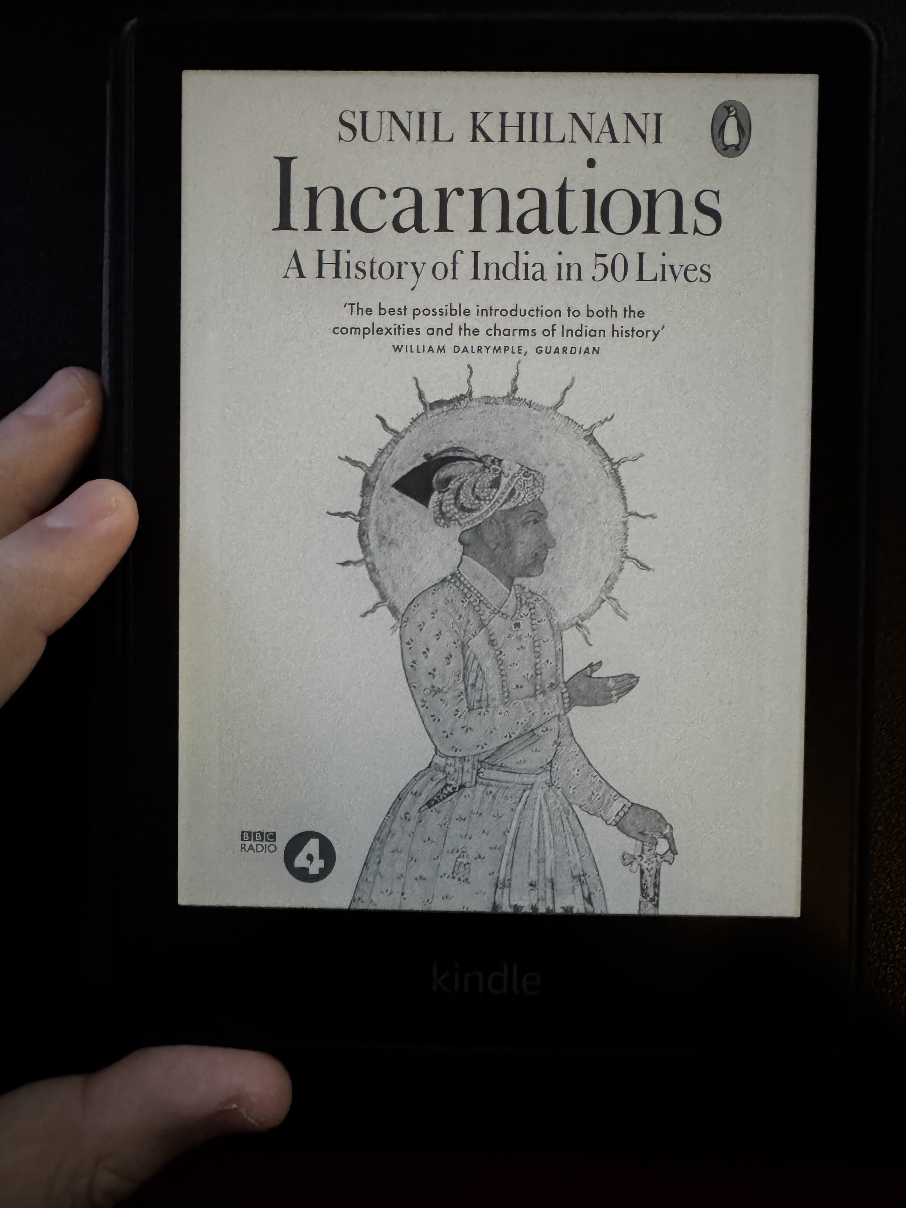 A cover of incarnations by Sunil Khilnani on a Kindle