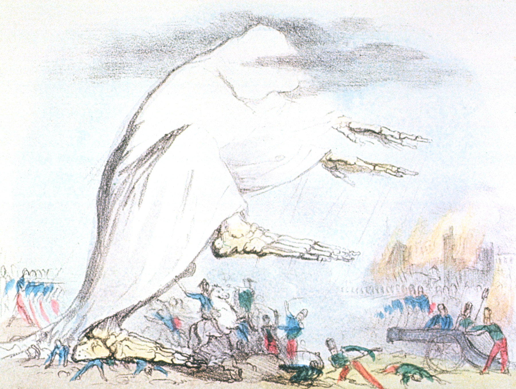 An 1831 image depicts cholera as a robed, skeletal creature emanating air shown by a deadly black cloud.