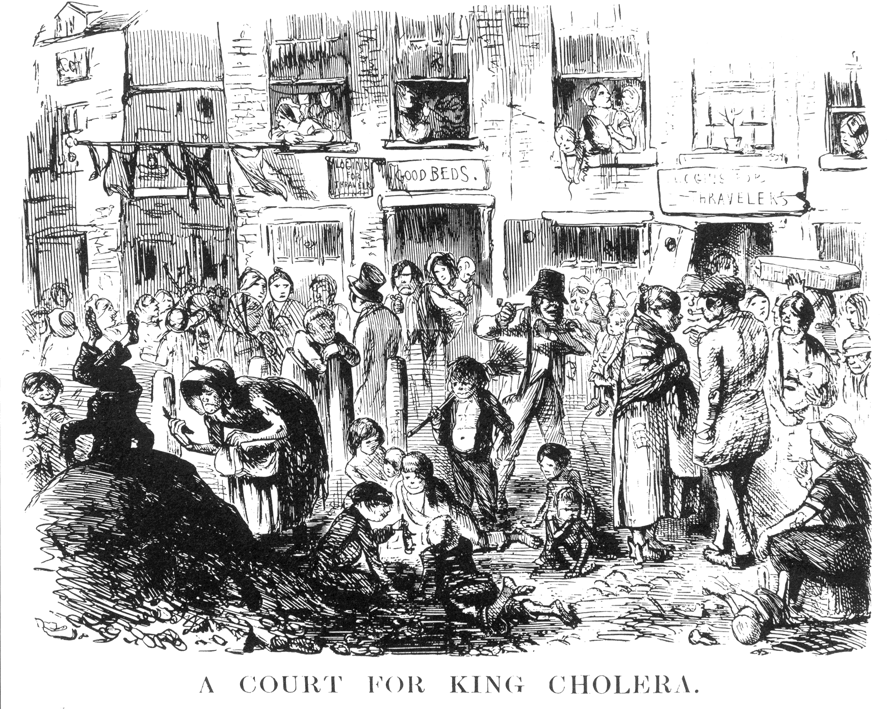 Image of London's overcrowded street during the 1854 Cholera outbreak from Punch magazine.