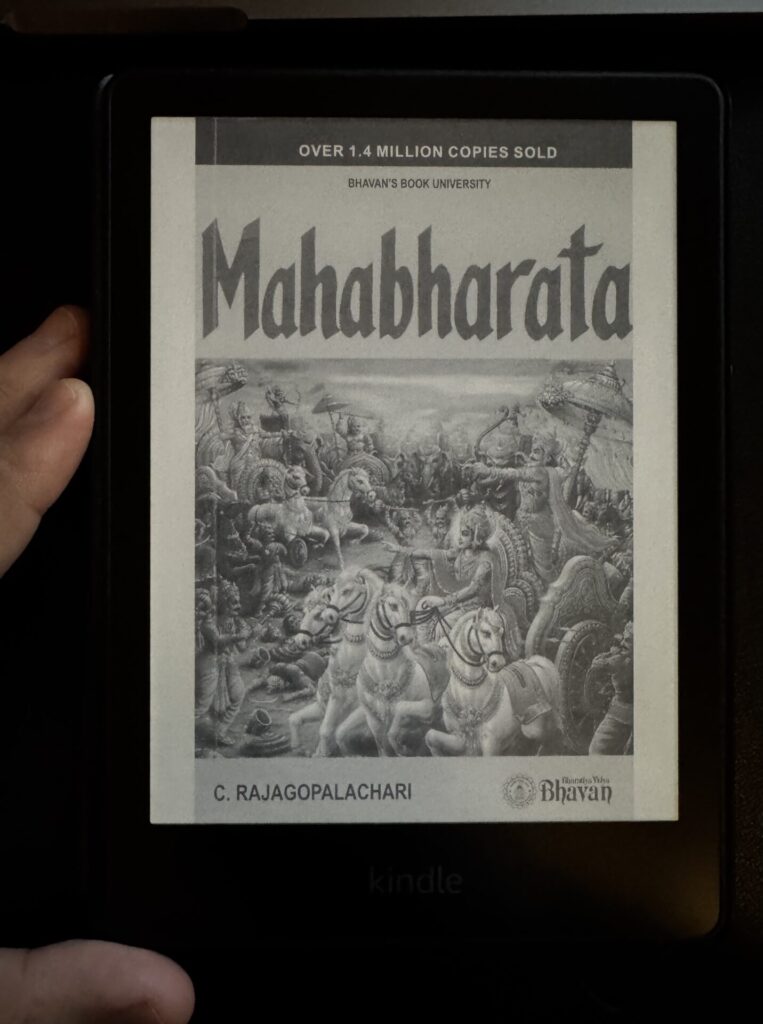 A kindle book cover of the C. Rajagopalachari's Mahabharata for a book review, written by Tapan Desai.