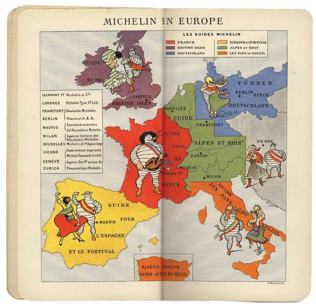 Vintage Michelin Guide map of Europe showing the early Michelin star focus on France and surrounding regions, illustrating the Streetlight Effect and bias in Michelin restaurant ratings.