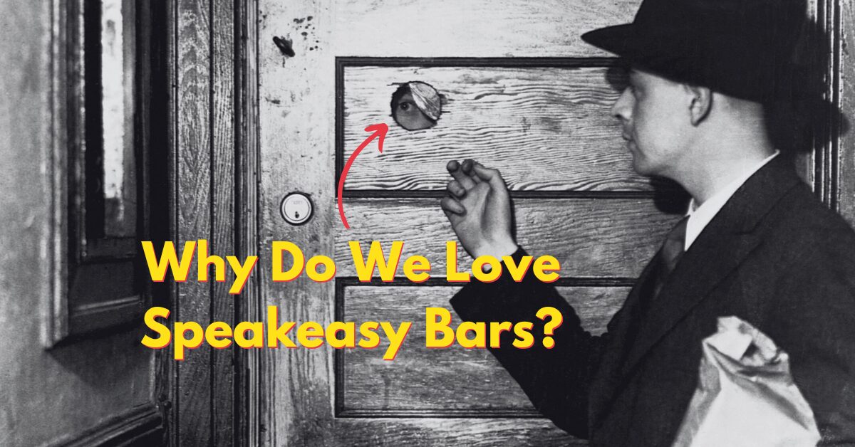 Vintage image of a man knocking on a speakeasy door with a hidden peephole, symbolising the love of secret bars explored in the article on the psychology behind speakeasy bars.