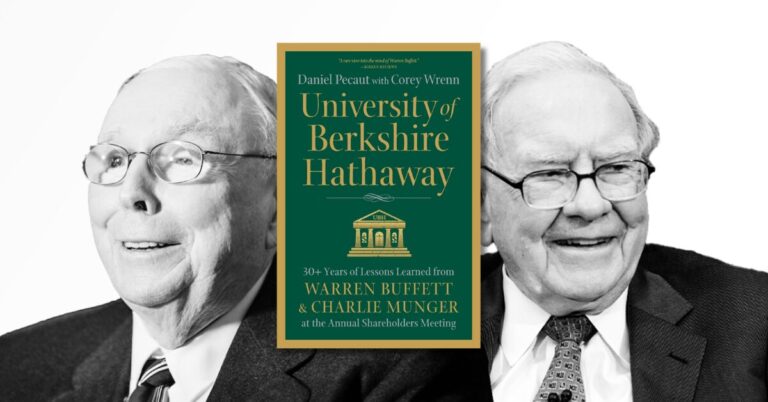 A book cover of the University of Berkshire Hathaway along with images of the Charlie Munger and Warren Buffett for a book summary of the same book, the University of Berkshire Hathaway.