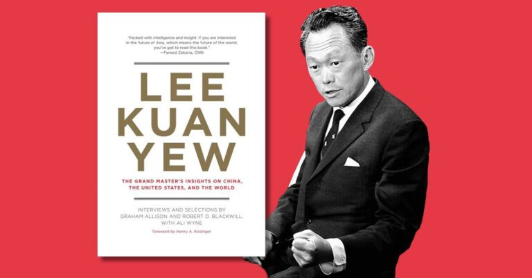 Cover of the book 'Lee Kuan Yew: The Grand Master's Insights on China, the United States, and the World' alongside a black-and-white image of Lee Kuan Yew, highlighting his geopolitical wisdom and leadership for a book summary.