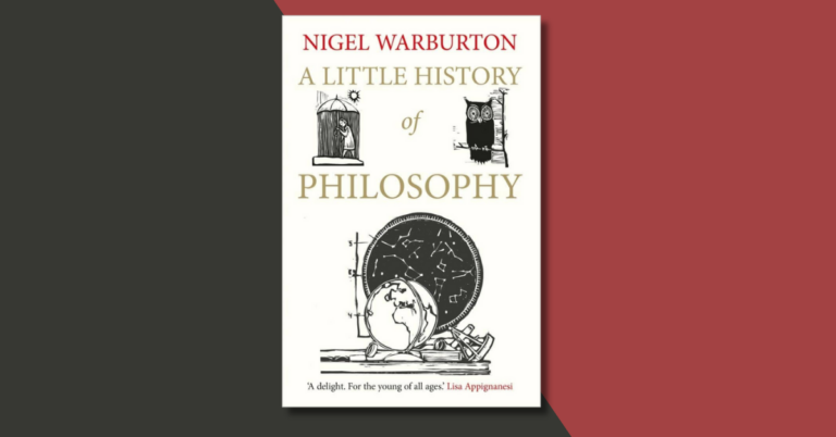 Book cover of A Little History of Philosophy by Nigel Warburton, featuring illustrations of philosophical symbols, an owl, and a globe for an article on a book summary.