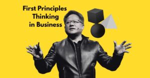 A feature image of Jensen Huang for an article on using First Principles Thinking in business which talks about NVIDIA which used first principle thinking.